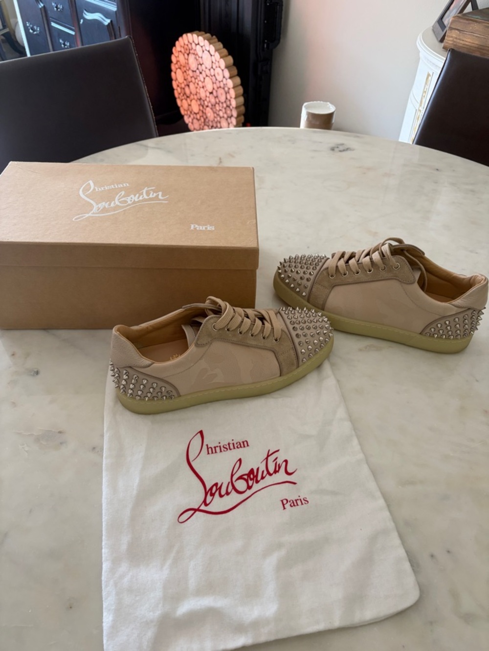 Christian Louboutin Nude/Tan Spike-Embellished Low-Top Sneakers